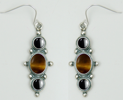 Sterling Silver Drop Dangle Earrings With Tiger Eye And Hematite